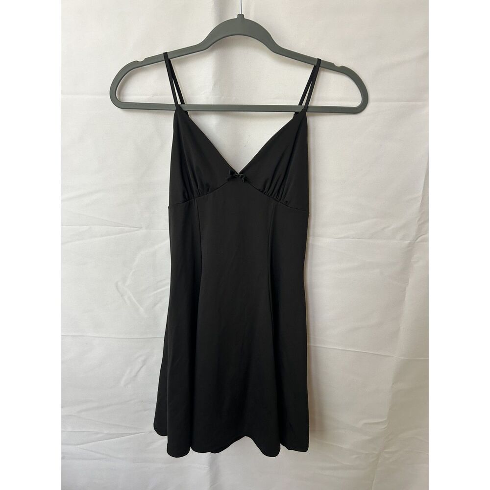 7DAY WKND Black Mini Dress Tie Back V-Neck Bow BabyDoll Small Spaghetti Strap